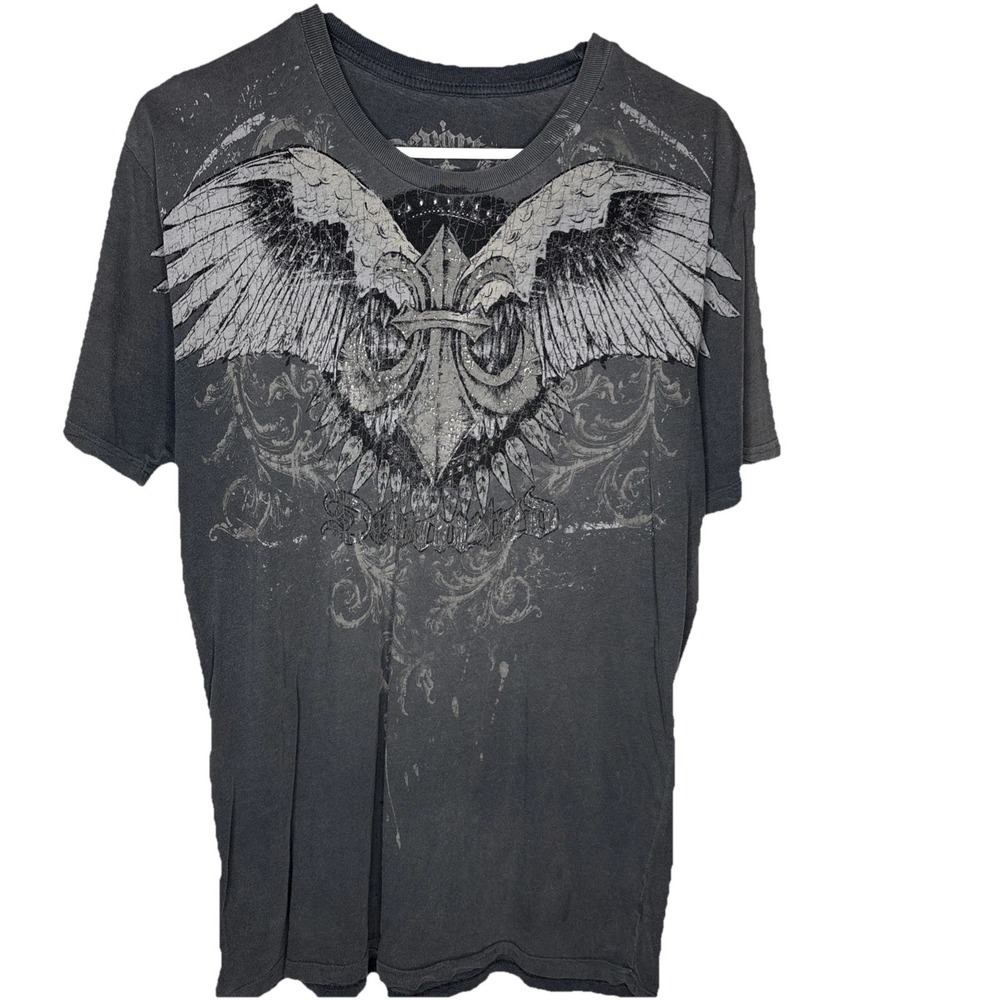 VINTAGE Departed Shirt Mens L Grey Graphic Cross Wings Cyber Goth Emo AOP Y2K